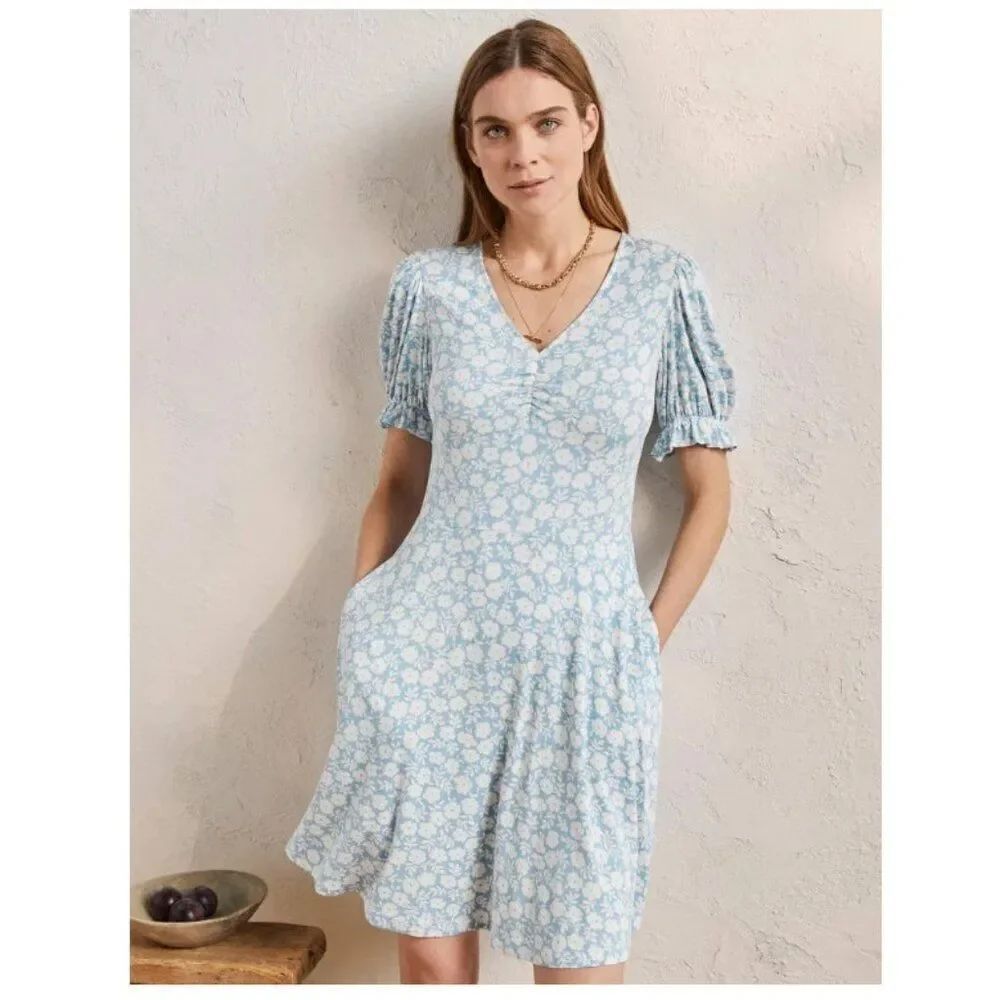 Boden Womens Dress UK 12L US 8L 8 Tall Blue White Floral Ruffled cuff D0136 NWT